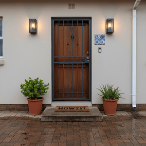 Chic flush outdoor wall light illuminating a front door area with potted plants and a welcome mat.