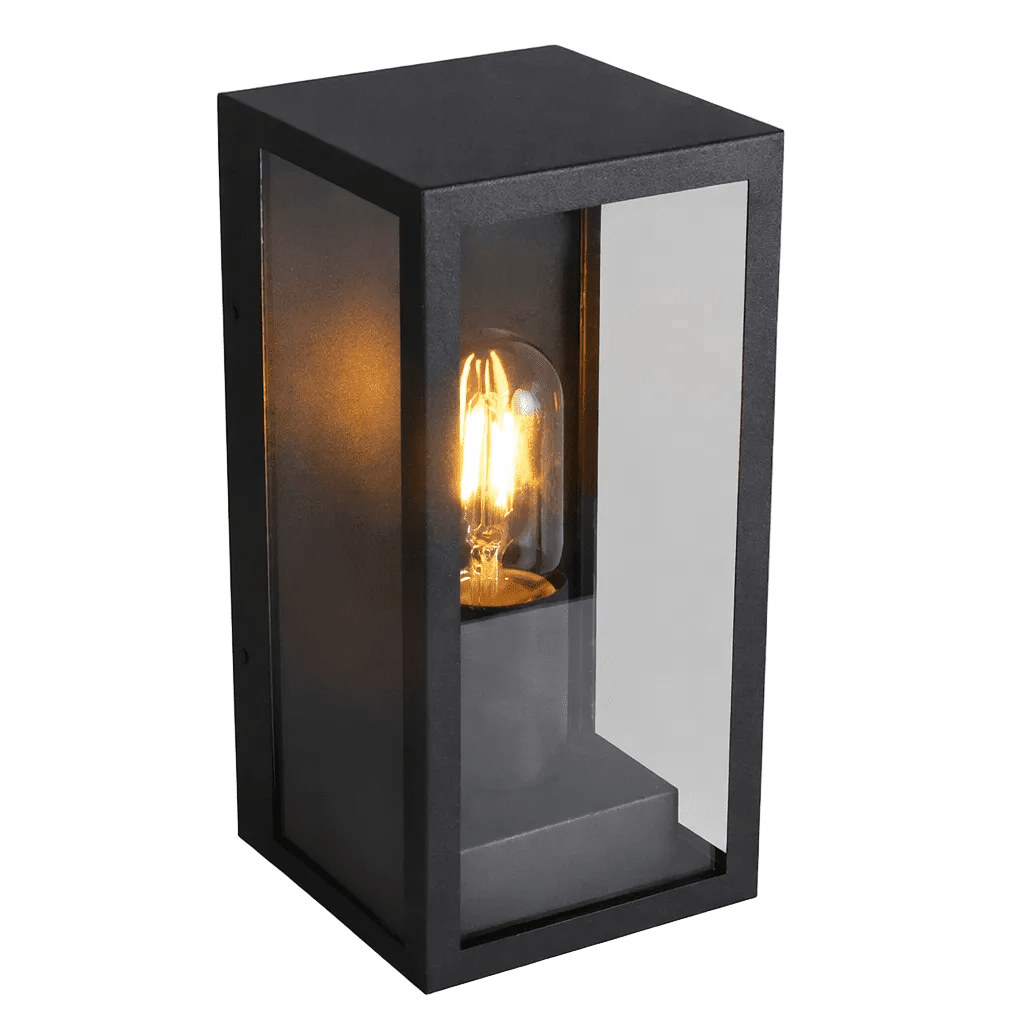 A black metal outdoor wall light with a clear glass panel, featuring a visible vintage-style bulb inside.