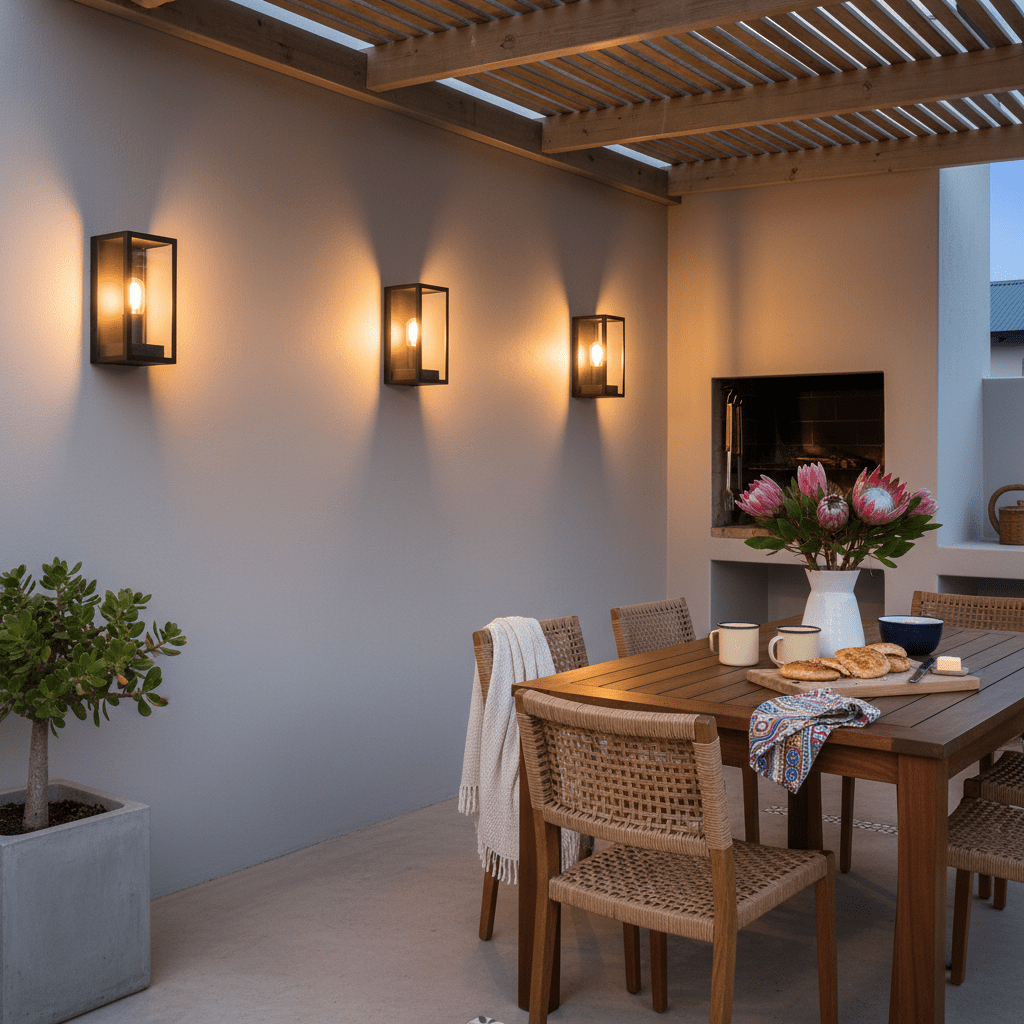 Chic flush outdoor wall lights illuminate a patio dining area with a wooden table and potted plant.