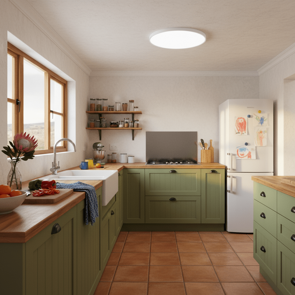 Flush white ceiling fitting glowing in a kitchen with green cabinets, wooden countertops, a sink, stove, and fridge.