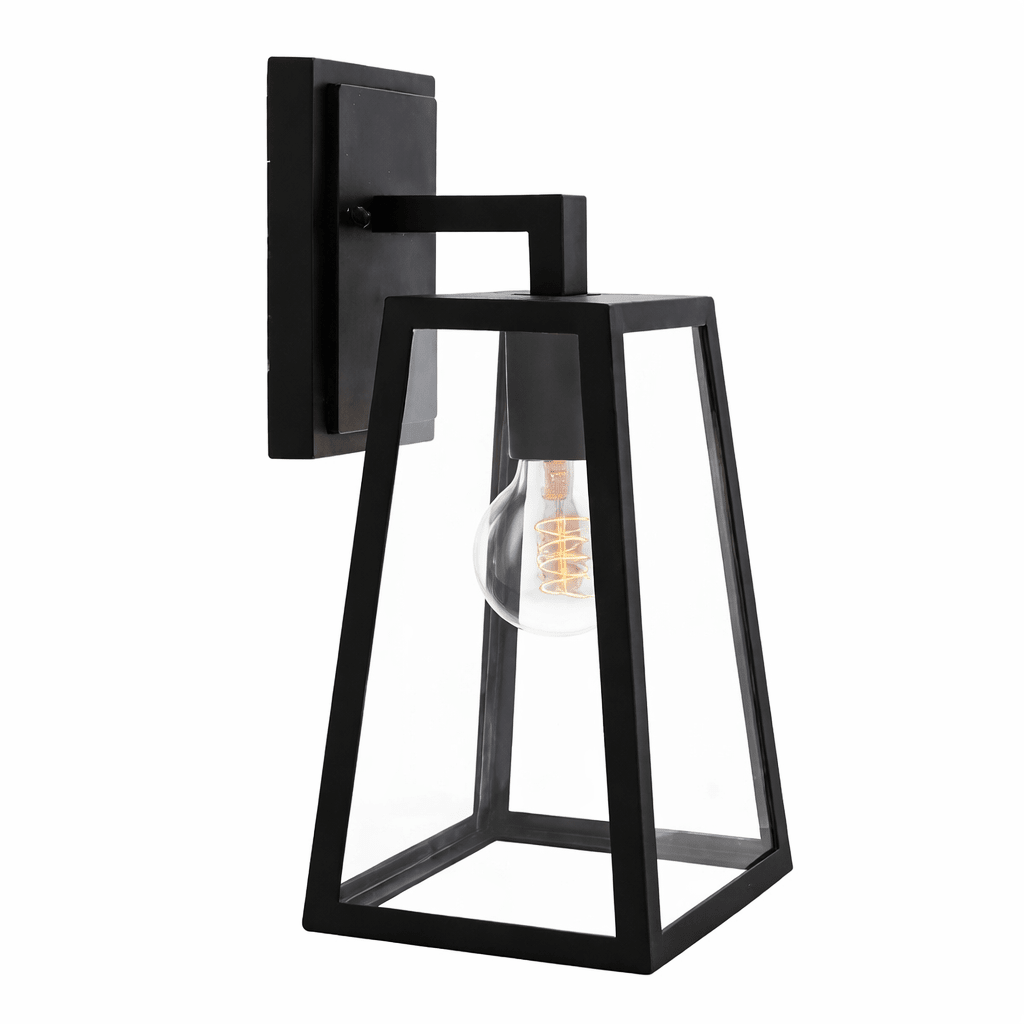 Black wall-mounted lamp with clear glass shade on a white background