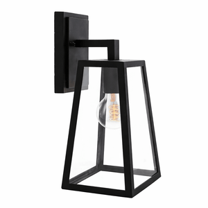 Black wall-mounted lamp with clear glass shade on a white background