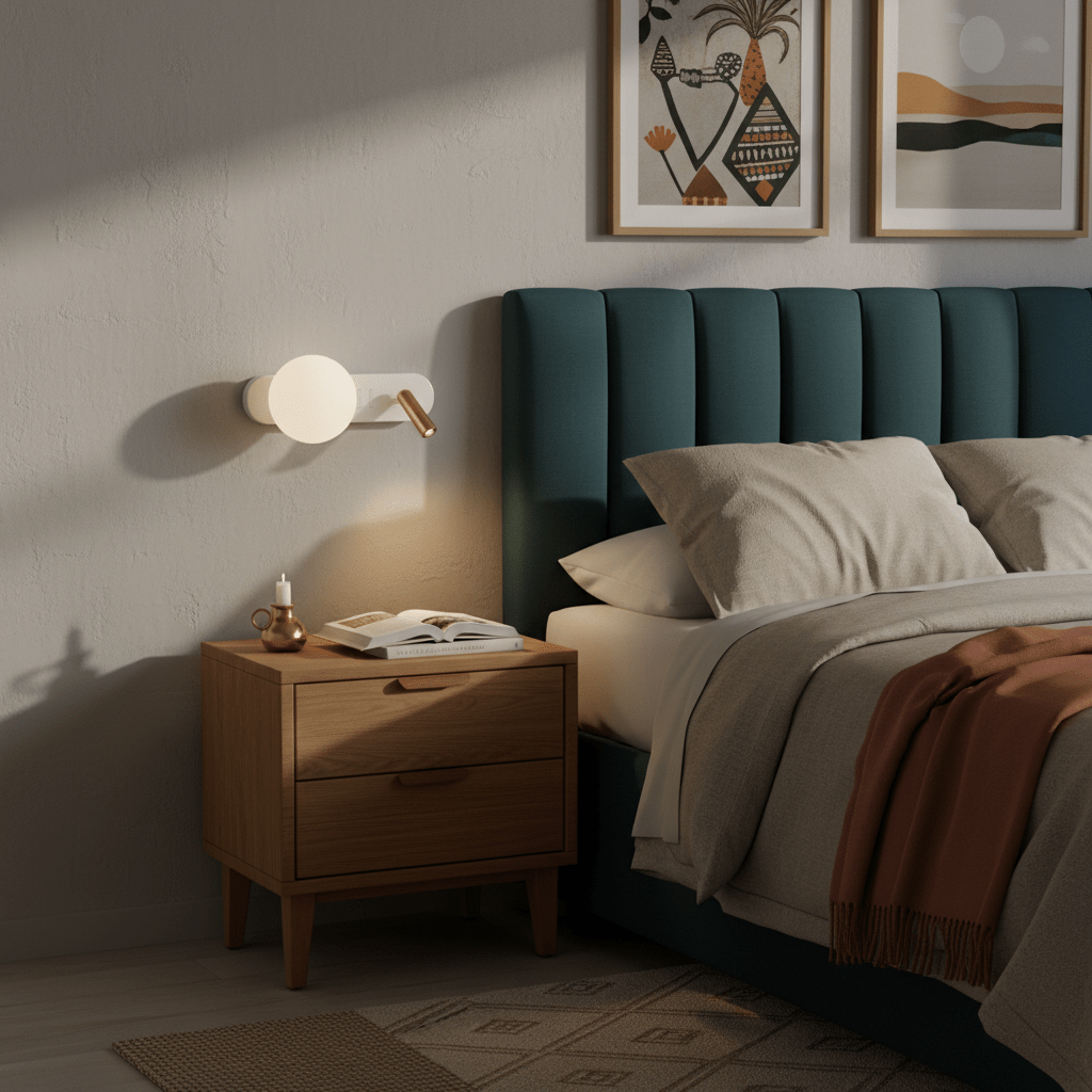 Modern white and gold wall light mounted above a wooden nightstand in a cozy bedroom setting.