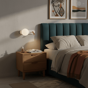 Modern white and gold wall light mounted above a wooden nightstand in a cozy bedroom setting.