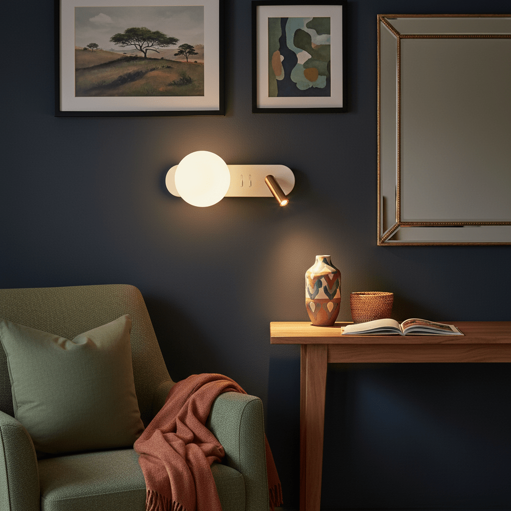 Modern white and gold wall light illuminating a cozy reading nook with a green sofa and decorative items.