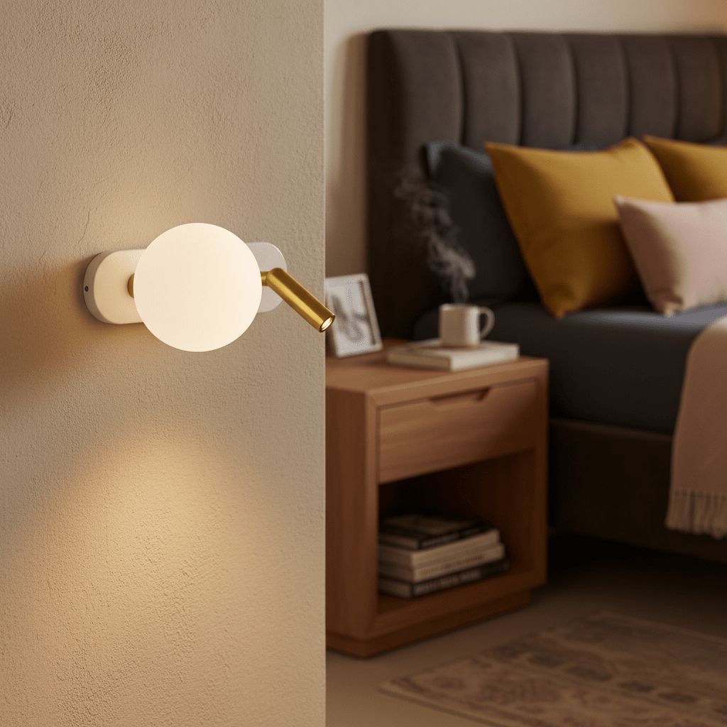 Modern white and gold wall light mounted beside a cozy bed with decorative pillows and a nightstand.