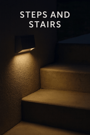 Staircase with a light fixture on a dark background, labeled 'Steps and Stairs'.