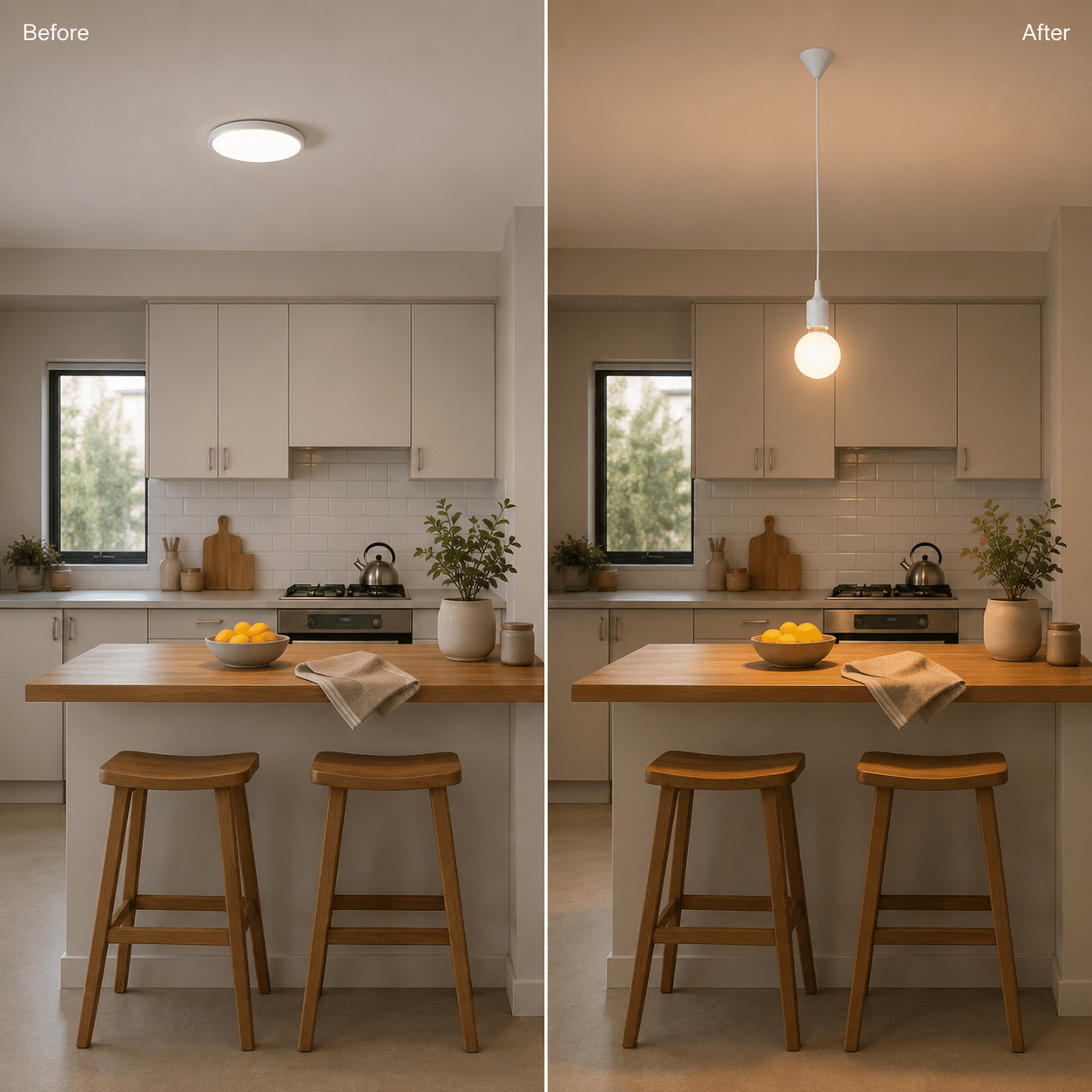 A kitchen scene showing a modern silicone pendant light above a wooden island, enhancing the space's ambiance.