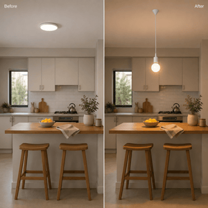 A kitchen scene showing a modern silicone pendant light above a wooden island, enhancing the space's ambiance.
