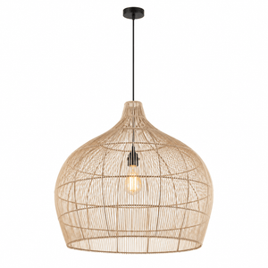 Woven bamboo rattan pendant light with a natural finish, suspended from a black ceiling mount.