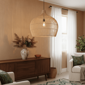 Woven bamboo rattan pendant light hanging above a wooden sideboard with decorative plants.
