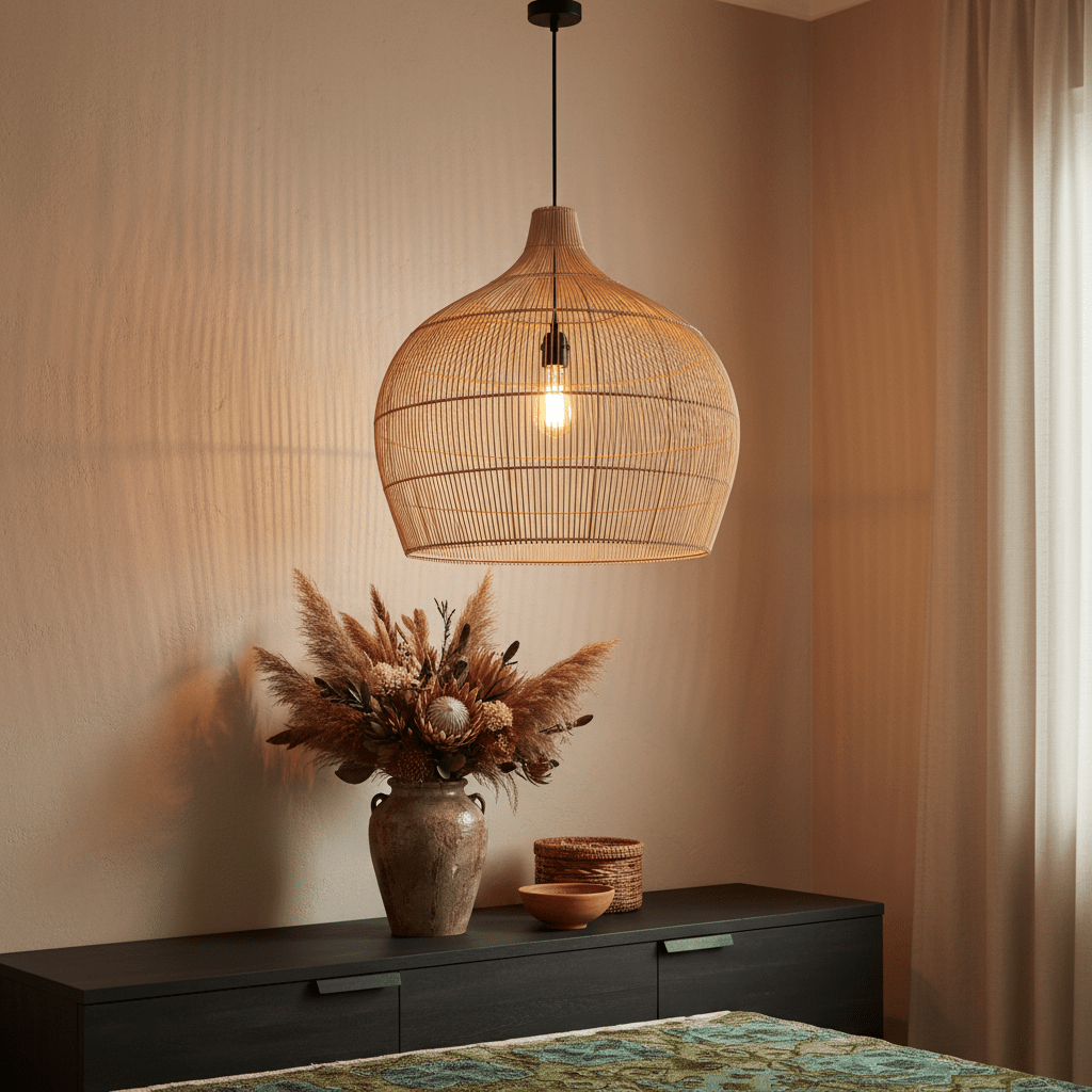Haiti Bamboo Rattan Pendant light hanging above a dark wooden console with decorative vase and plants.