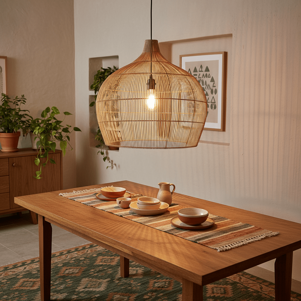 Woven bamboo rattan pendant light hanging above a wooden dining table set with dishes and a pitcher.