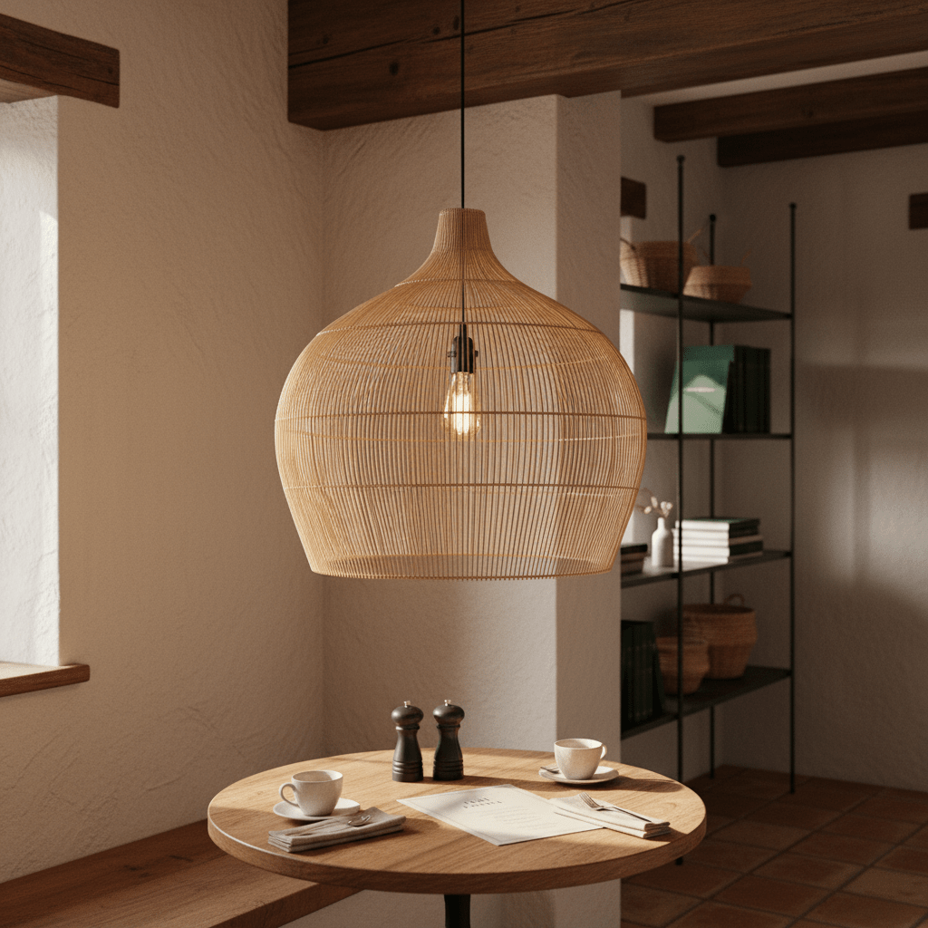 Woven bamboo rattan pendant light hanging above a wooden table set with coffee cups and a menu.