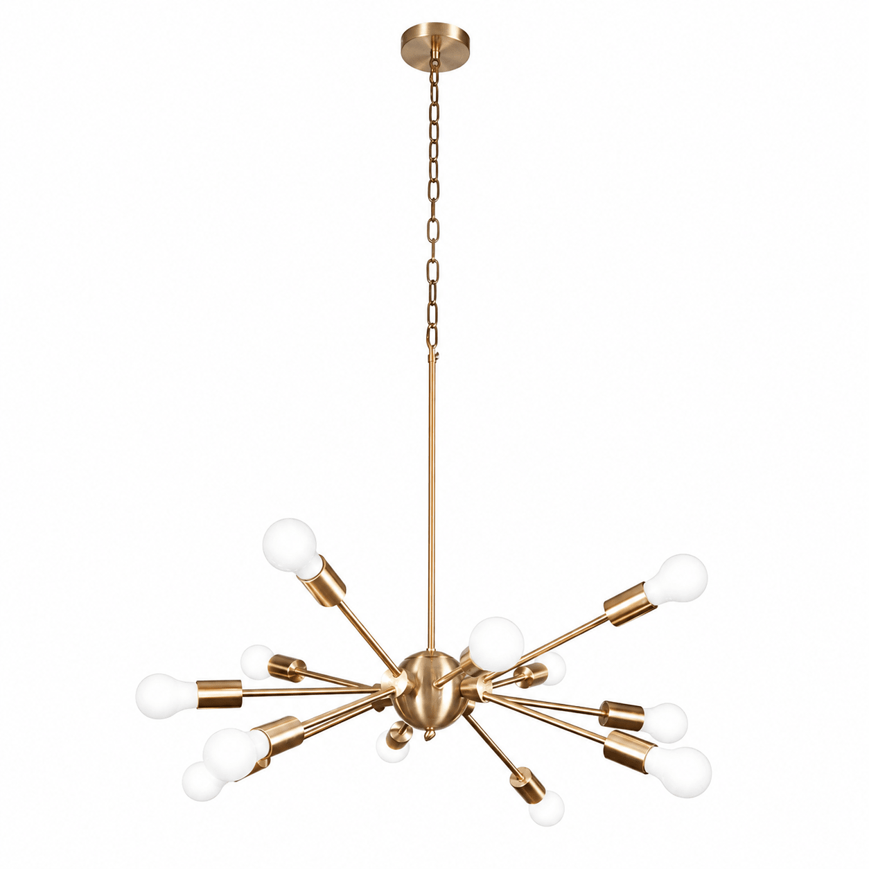 Gold sputnik chandelier with multiple arms on a white background
