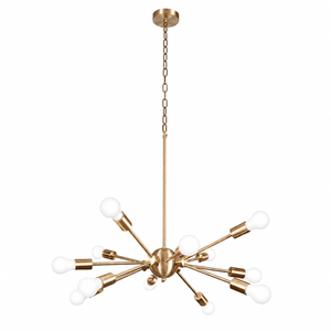 Gold sputnik chandelier with multiple arms on a white background