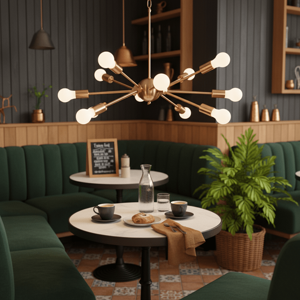 Satin gold pendant light with 12 bulbs hanging over a cozy café table setting with green seating.