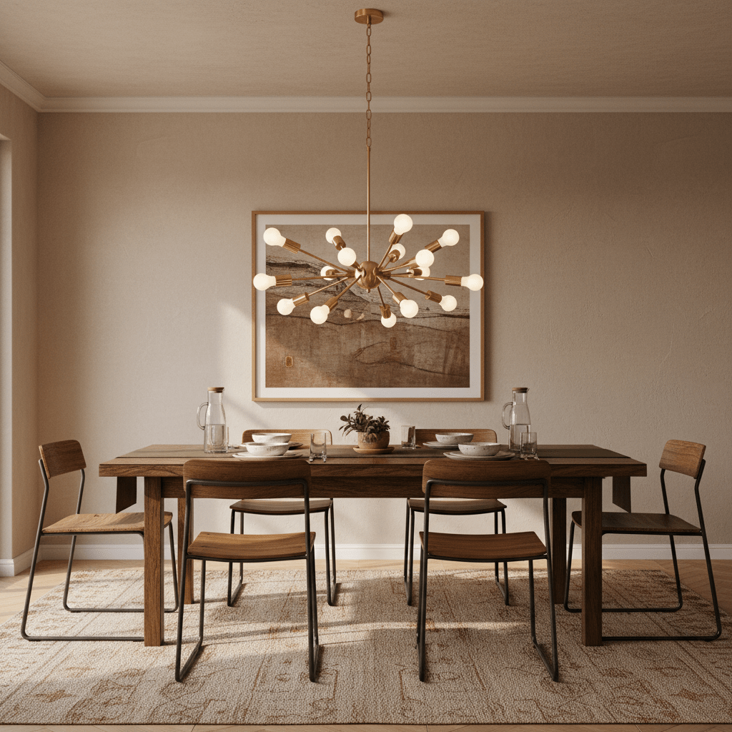 Satin gold pendant light hanging above a wooden dining table set with plates and glasses.