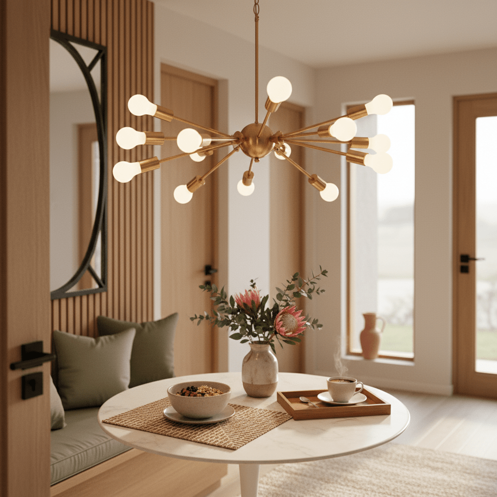 Satin gold pendant light above a round dining table with breakfast items and flowers.