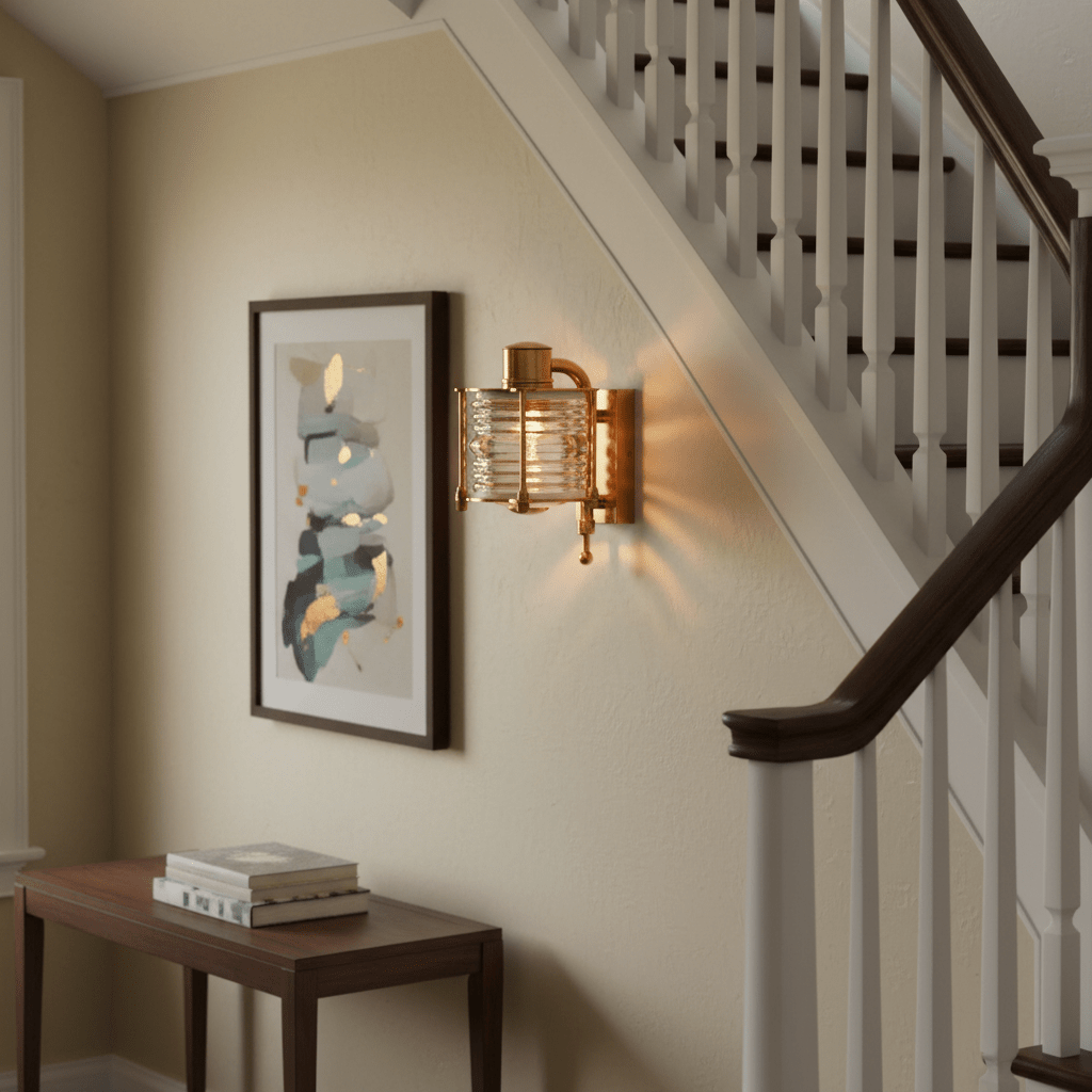 Antique brass wall lamp with glass elements illuminating a stylish indoor space near a staircase.