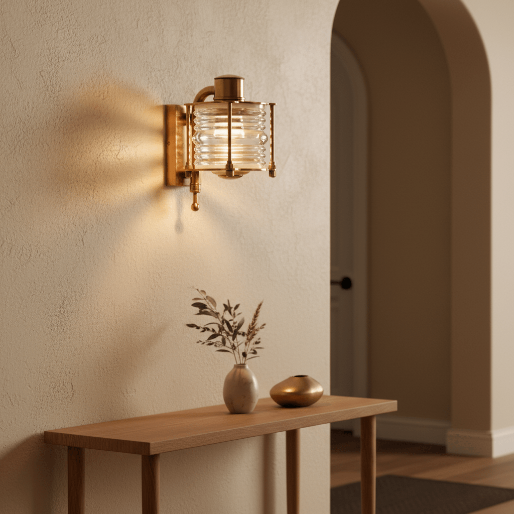 Antique brass wall lamp with handmade glass, illuminating a stylish entryway with a wooden table and decor.