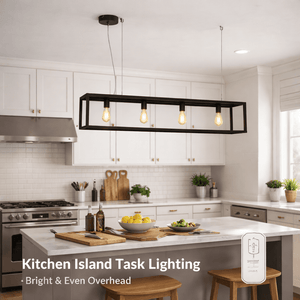 Modern kitchen with a black rectangular pendant light over a kitchen island.