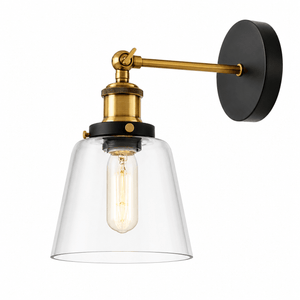 Antique brass indoor wall light with clear glass shade, showcasing vintage design and E27 bulb holder.