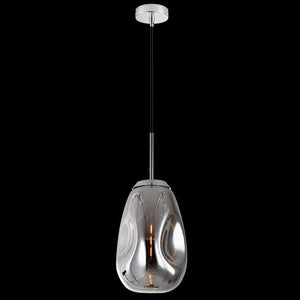 Smokey glass pendant light with chrome finish hanging from a thin rod against a black background