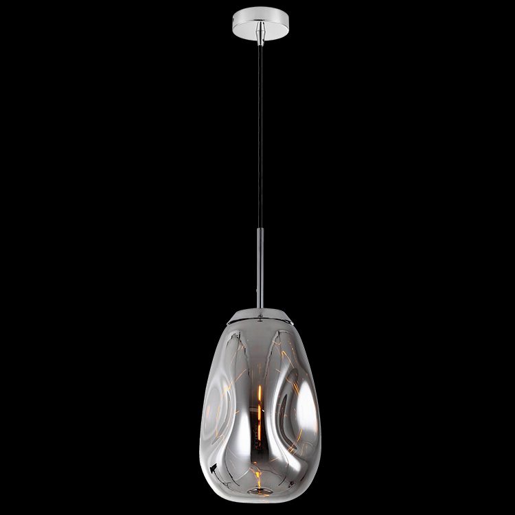 Smokey glass pendant light with chrome finish hanging from a thin rod against a black background