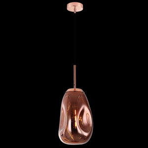 Copper-finished pendant light with swirling glass shade hanging from black cord against black background.