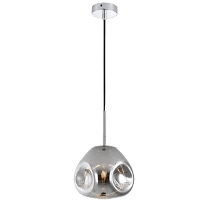 Silver ceiling mount pendant with black cord, silver rod, smoked glass dome and two circular openings showing filament bulbs.