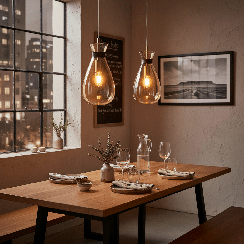 Two amber glass pendant lights hang above a wooden dining table set for a meal, with a cozy ambiance.