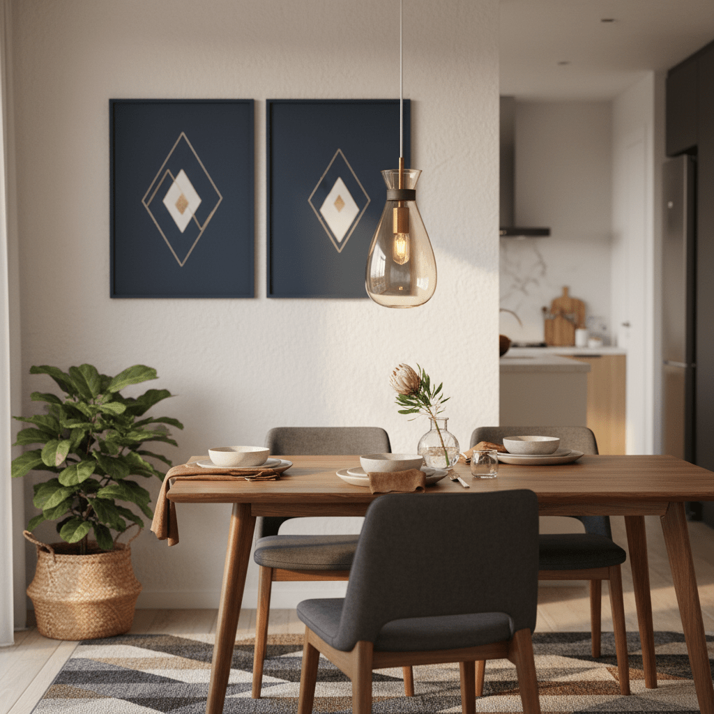 Amber pouch glass pendant light hanging above a wooden dining table set with plates and a vase.