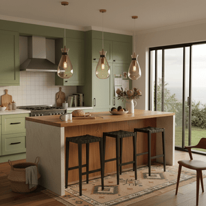 Amber glass pendant lights hang above a wooden kitchen island, creating a warm ambiance.