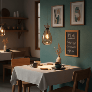 Amber Pouch Glass Pendant light hanging over a dining table set with dishes and a menu board.