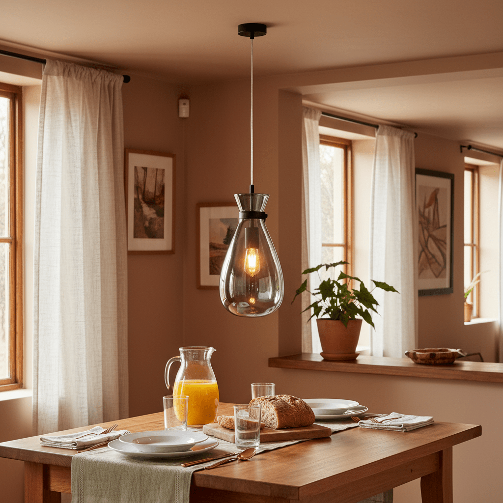 Smoke glass pendant light hanging above a dining table set with plates and drinks, creating a warm ambiance.
