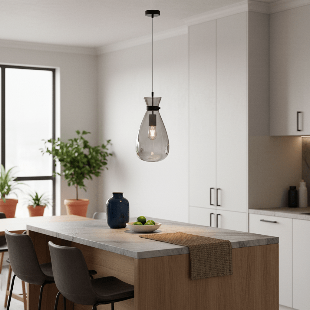 Smoke glass pendant light hanging above a kitchen island with a blue vase and a bowl of limes.