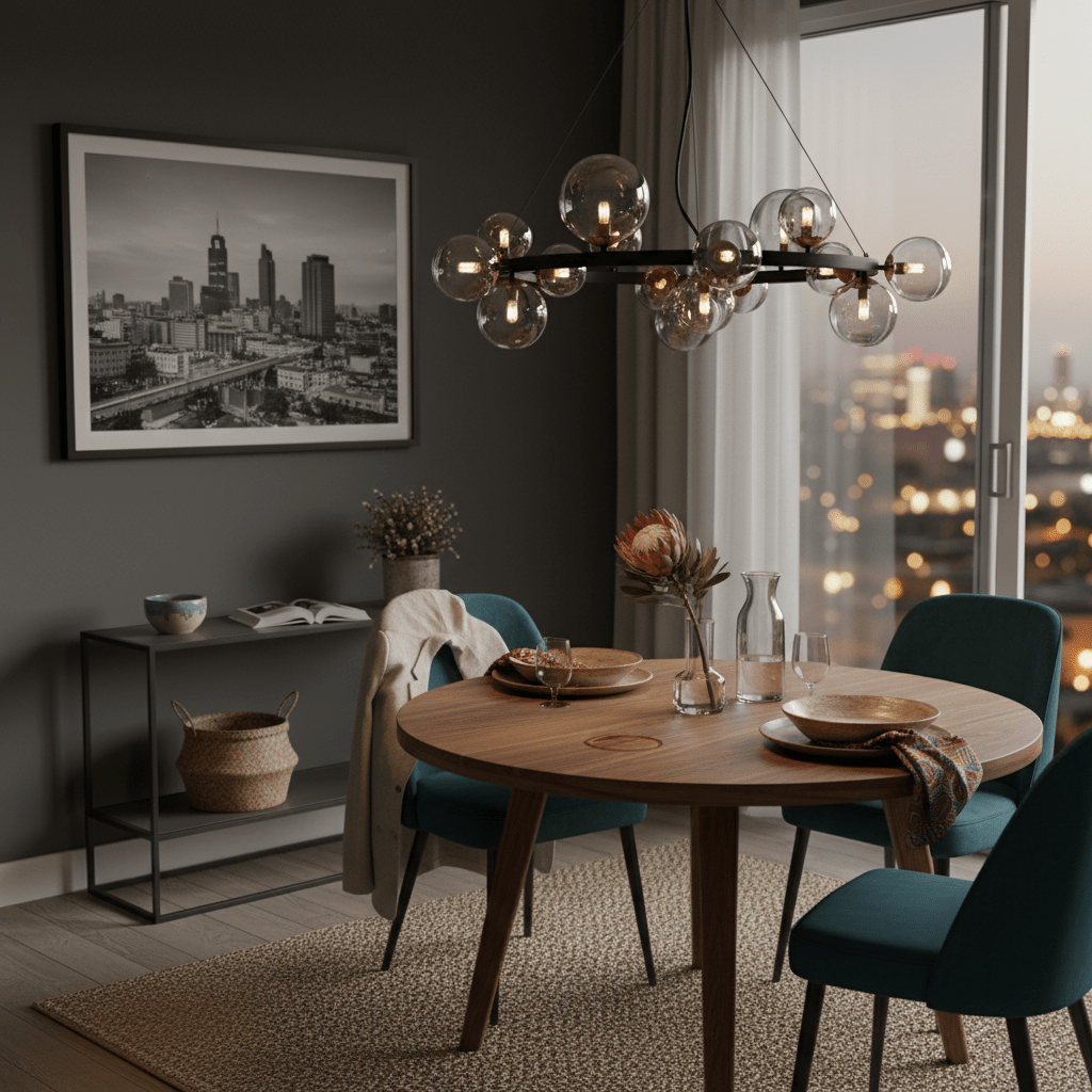 Round Bubble Pendant in smoke glass hangs over a modern dining table set with plates and glasses, against a city view.