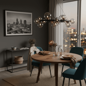 Round Bubble Pendant in smoke glass hangs over a modern dining table set with plates and glasses, against a city view.