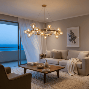 Round bubble pendant light in French Gold with cognac glass, illuminating a cozy living room setting.