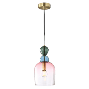 Multicolored pendant light with glass shade on a black background