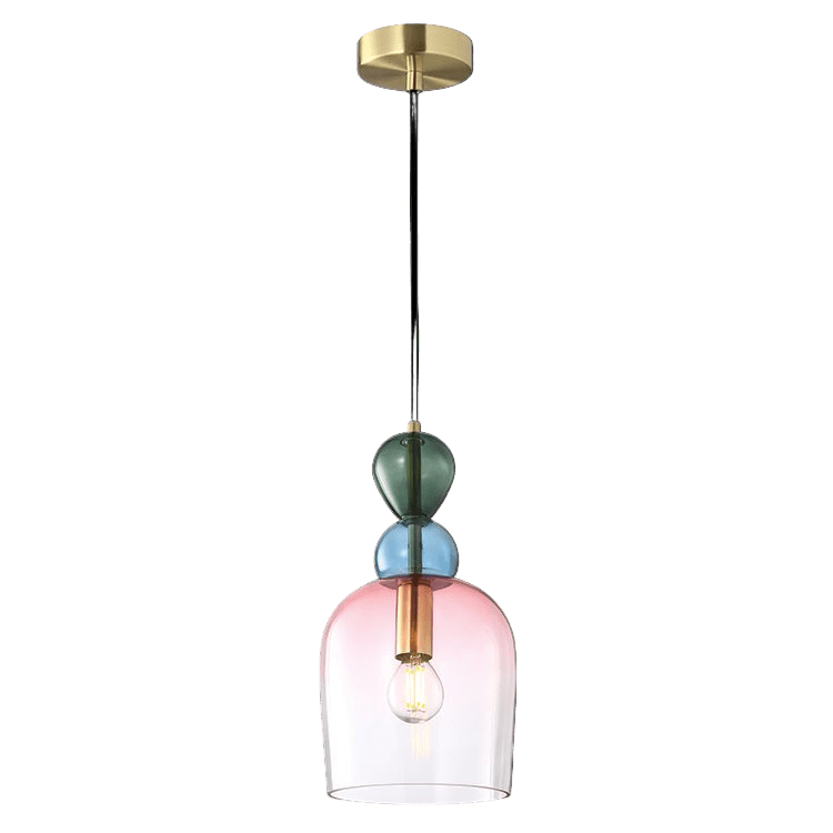 Multicolored pendant light with glass shade on a black background