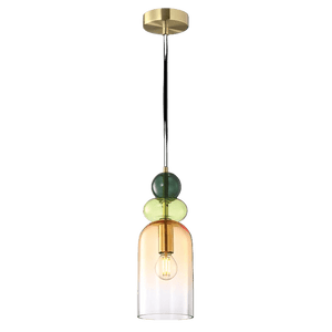 Modern pendant light with glass shades and gold accents on a black background