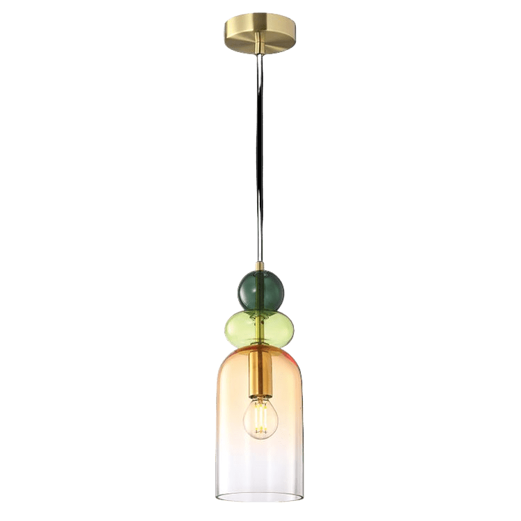 Modern pendant light with glass shades and gold accents on a black background