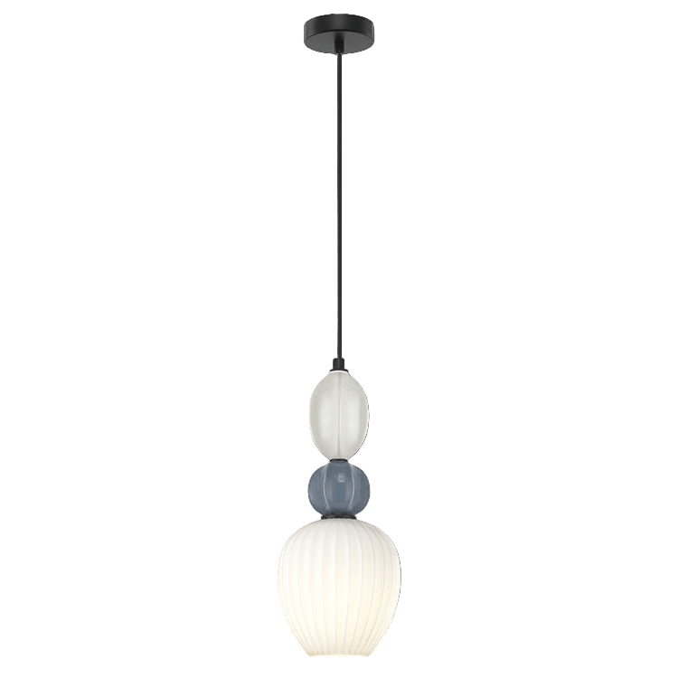 Modern pendant light with three glass shades on a black background