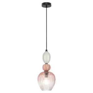 Modern pendant light with three glass shades on a black background