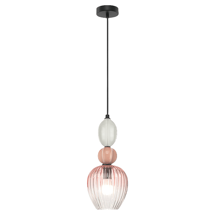 Modern pendant light with three glass shades on a black background