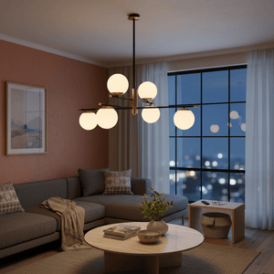 Chandelier with opal glass shades hanging above a cozy living room setting, softly illuminating the space.