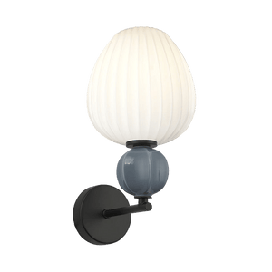 Wall-mounted light fixture with white textured shade and black base on a black background