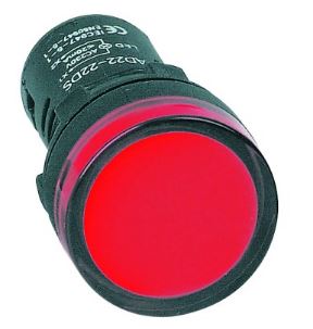 Red illuminated push button switch on a white background